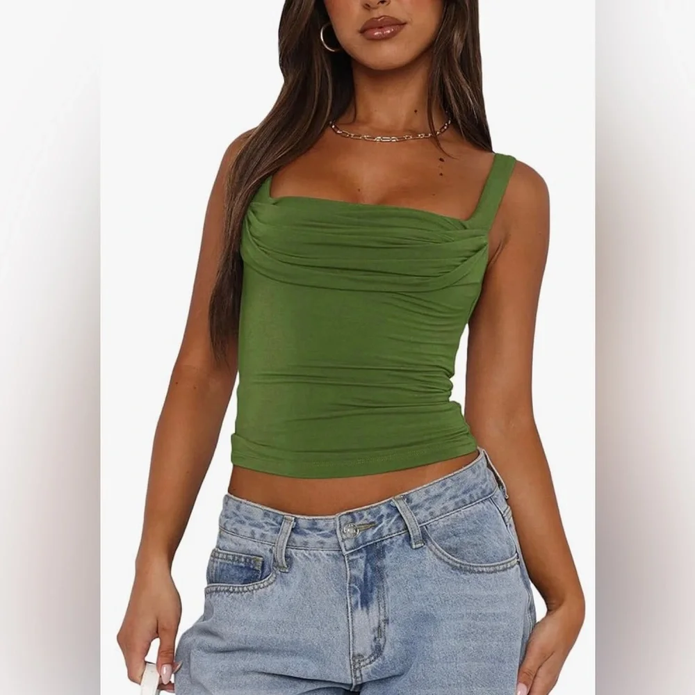 NWT Sleeveless Square Neck Strappy Tank Top Ruched Backless Crop Camisole Top